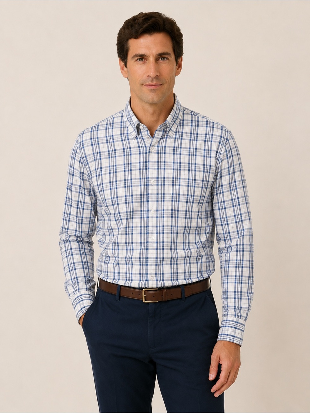 Onward Reserve Blue White Plaid Button Down Dress Shirt Classic Fit Coastal Prep